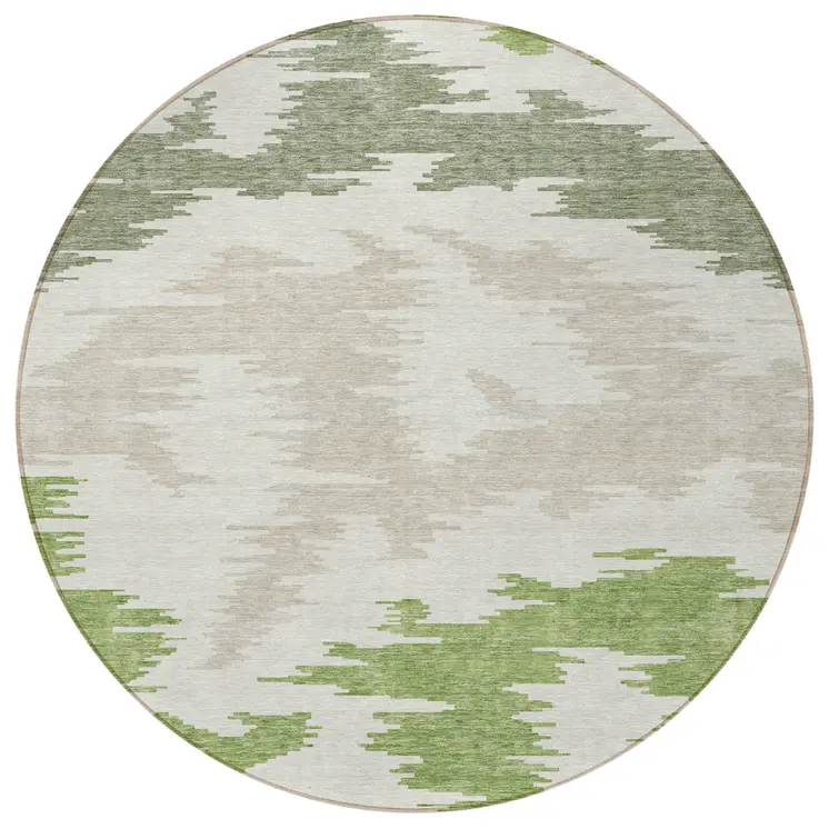 8' Olive Green And Beige Round Abstract Washable Indoor Outdoor Area Rug