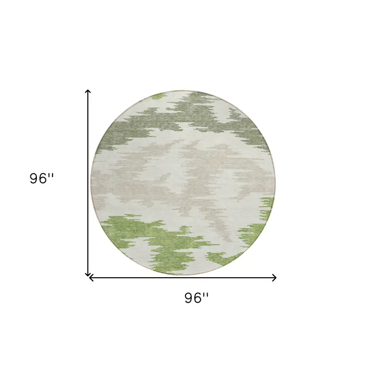 8' Olive Green And Beige Round Abstract Washable Indoor Outdoor Area Rug