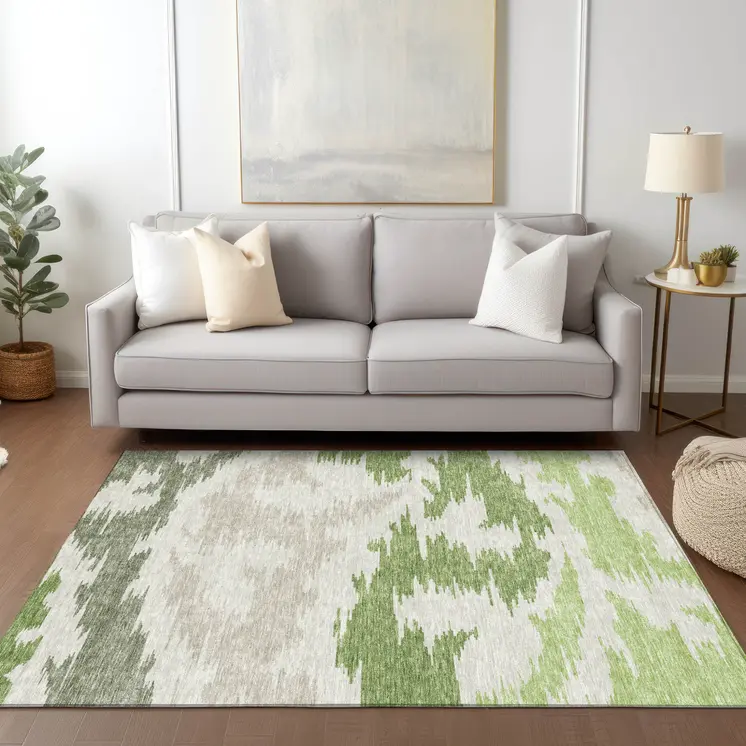 8' X 10' Olive Green And Beige Abstract Washable Indoor Outdoor Area Rug