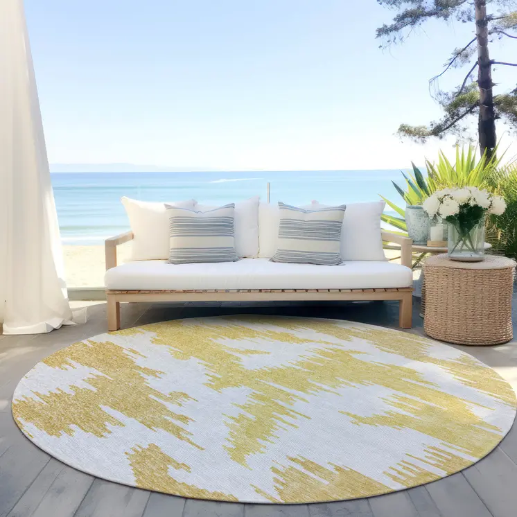 8' Gold Beige And Wheat Round Abstract Washable Indoor Outdoor Area Rug