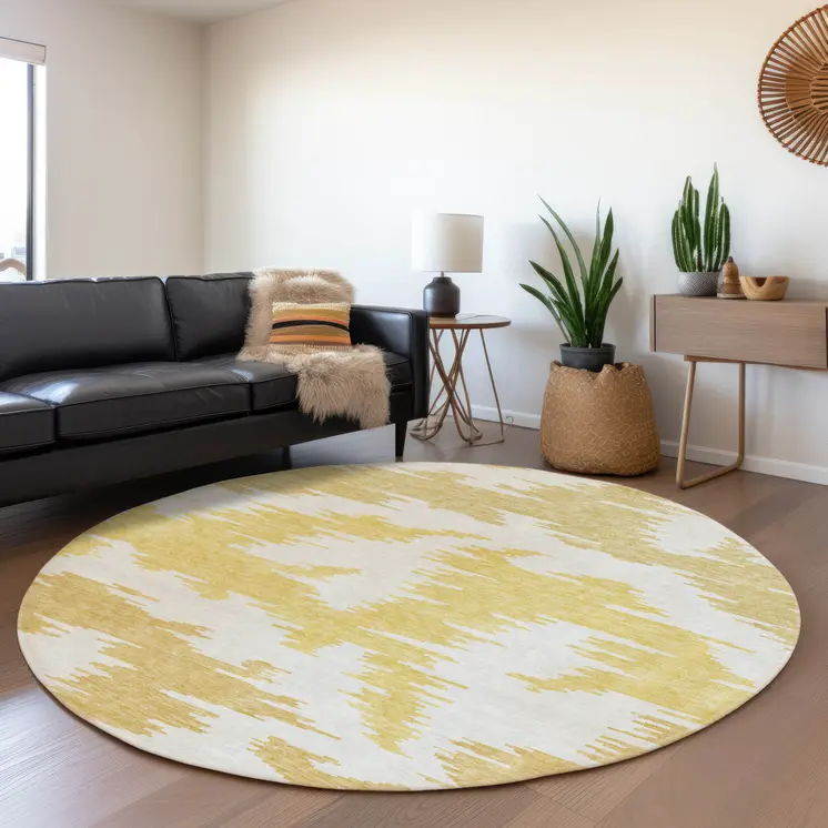 8' Gold Beige And Wheat Round Abstract Washable Indoor Outdoor Area Rug