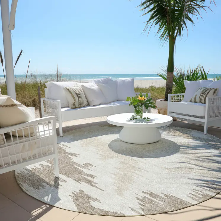 8' Ivory Beige And Brown Round Abstract Washable Indoor Outdoor Area Rug