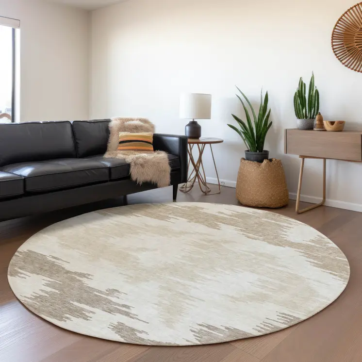 8' Ivory Beige And Brown Round Abstract Washable Indoor Outdoor Area Rug