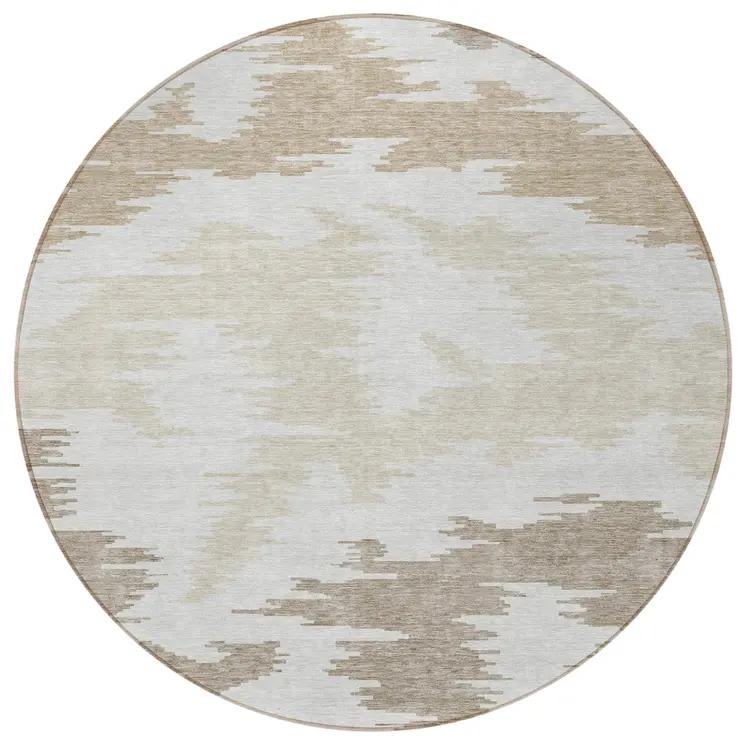 8' Ivory Beige And Brown Round Abstract Washable Indoor Outdoor Area Rug