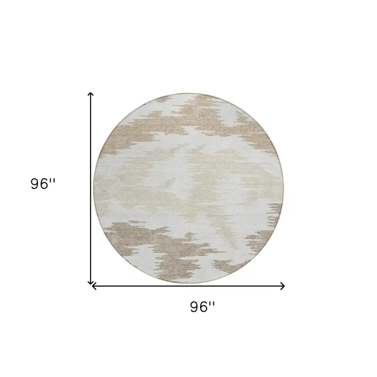 8' Ivory Beige And Brown Round Abstract Washable Indoor Outdoor Area Rug