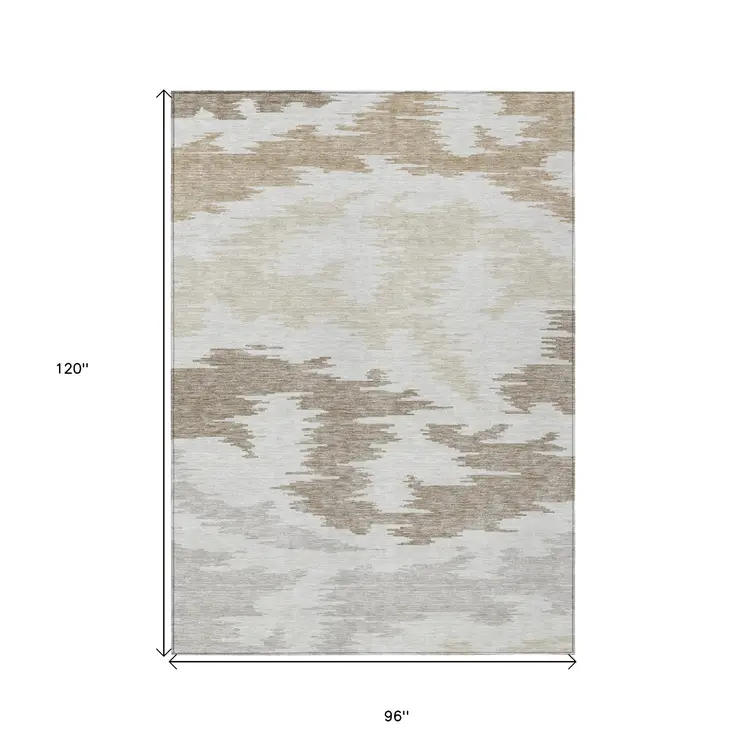 8' X 10' Ivory Beige And Brown Abstract Washable Indoor Outdoor Area Rug