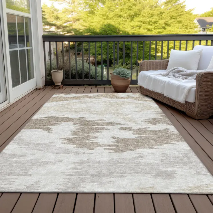 8' X 10' Ivory Beige And Brown Abstract Washable Indoor Outdoor Area Rug