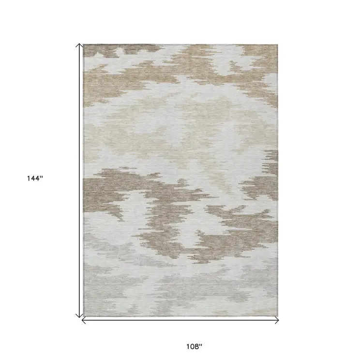 9' X 12' Ivory Beige And Brown Abstract Washable Indoor Outdoor Area Rug