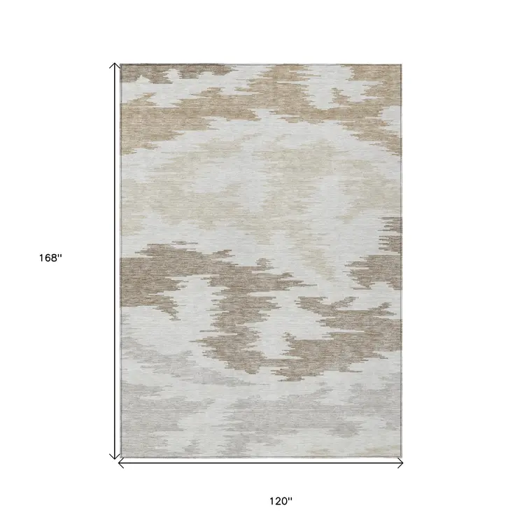 10' X 14' Ivory Beige And Brown Abstract Washable Indoor Outdoor Area Rug