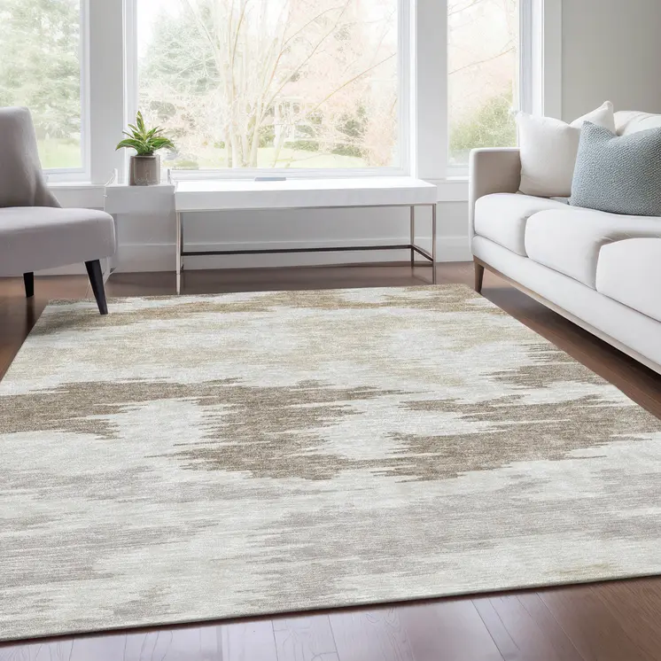 10' X 14' Ivory Beige And Brown Abstract Washable Indoor Outdoor Area Rug
