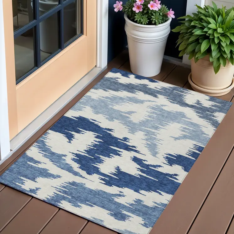 3' X 5' Navy Blue And Denim Blue Abstract Washable Indoor Outdoor Area Rug