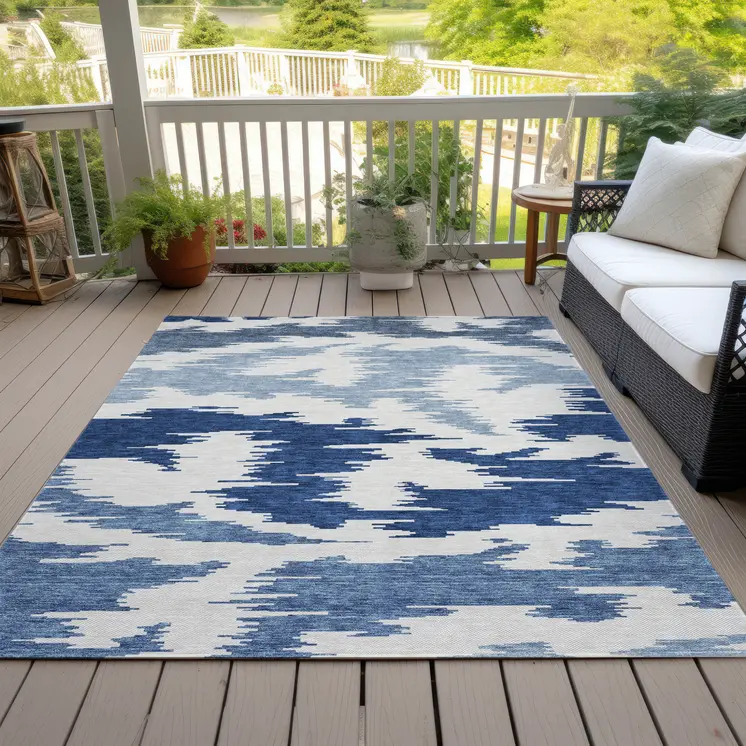 3' X 5' Navy Blue And Denim Blue Abstract Washable Indoor Outdoor Area Rug