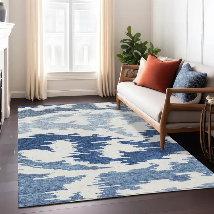 3' X 5' Navy Blue And Denim Blue Abstract Washable Indoor Outdoor Area Rug
