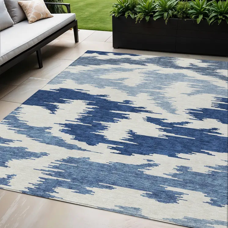 5' X 8' Navy Blue And Denim Blue Abstract Washable Indoor Outdoor Area Rug