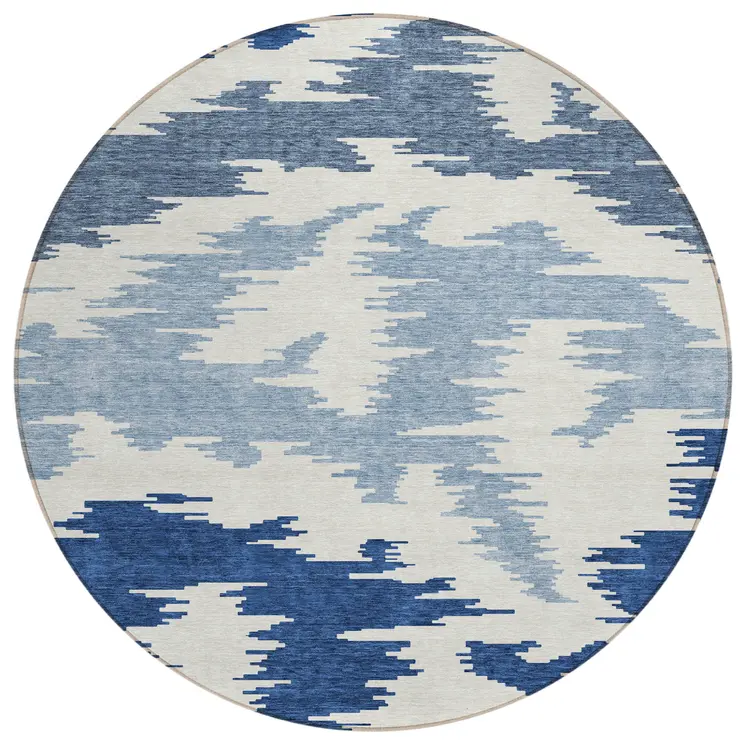 8' Navy Blue And Denim Blue Round Abstract Washable Indoor Outdoor Area Rug