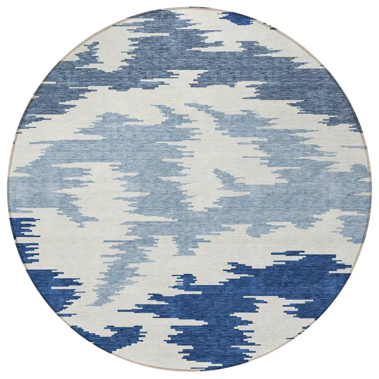 8' Navy Blue And Denim Blue Round Abstract Washable Indoor Outdoor Area Rug