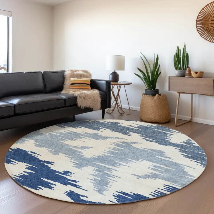8' Navy Blue And Denim Blue Round Abstract Washable Indoor Outdoor Area Rug