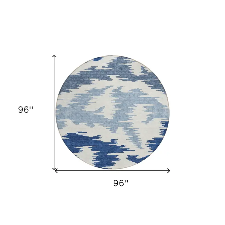8' Navy Blue And Denim Blue Round Abstract Washable Indoor Outdoor Area Rug
