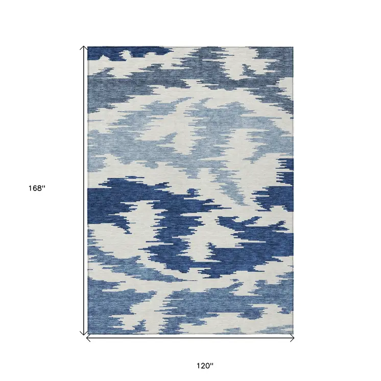 10' X 14' Navy Blue And Denim Blue Abstract Washable Indoor Outdoor Area Rug