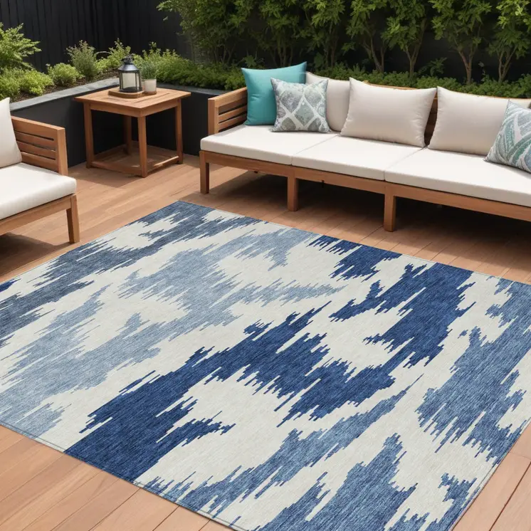 10' X 14' Navy Blue And Denim Blue Abstract Washable Indoor Outdoor Area Rug