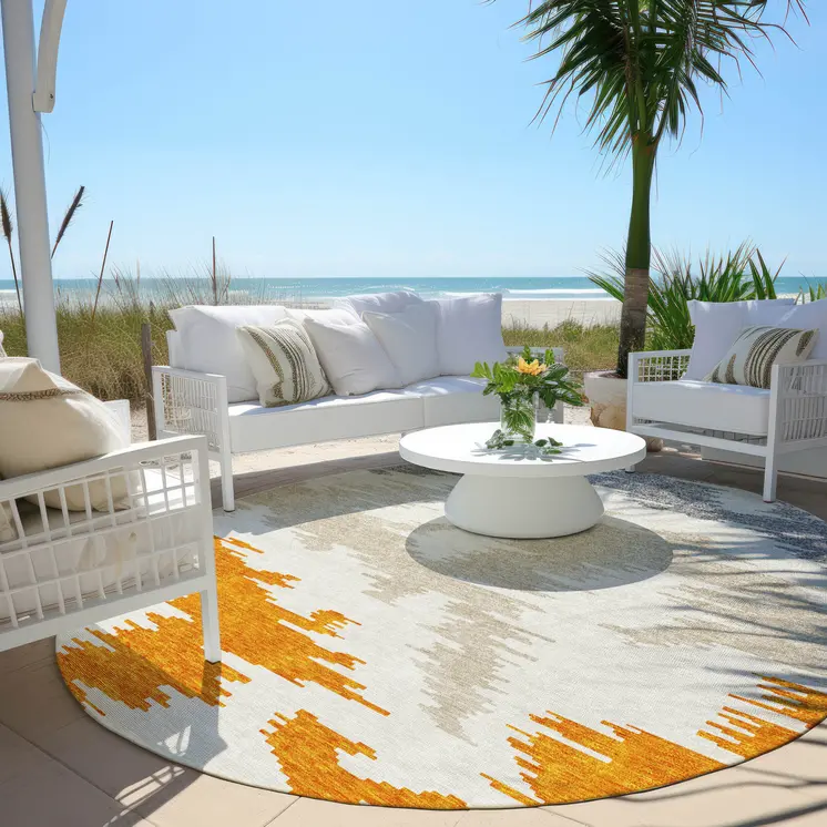 8' Orange Beige And Ivory Round Abstract Washable Indoor Outdoor Area Rug