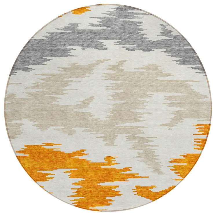 8' Orange Beige And Ivory Round Abstract Washable Indoor Outdoor Area Rug