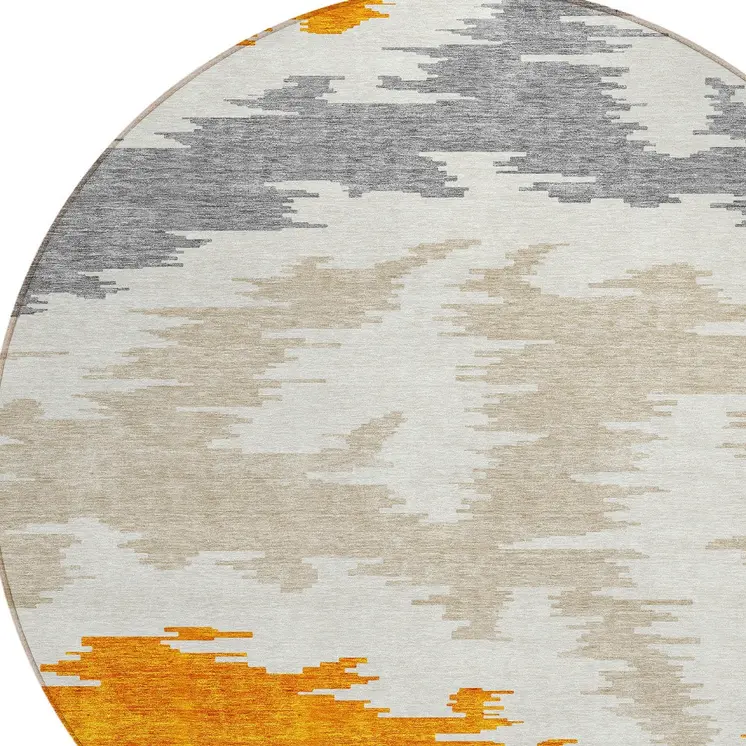 8' Orange Beige And Ivory Round Abstract Washable Indoor Outdoor Area Rug
