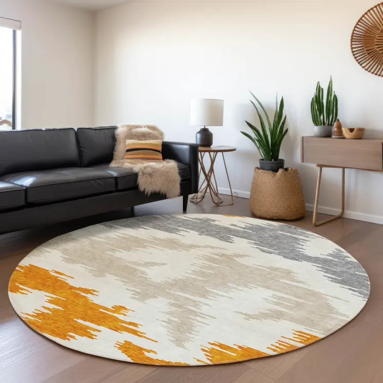 8' Orange Beige And Ivory Round Abstract Washable Indoor Outdoor Area Rug