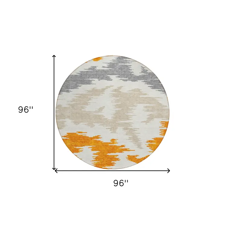 8' Orange Beige And Ivory Round Abstract Washable Indoor Outdoor Area Rug