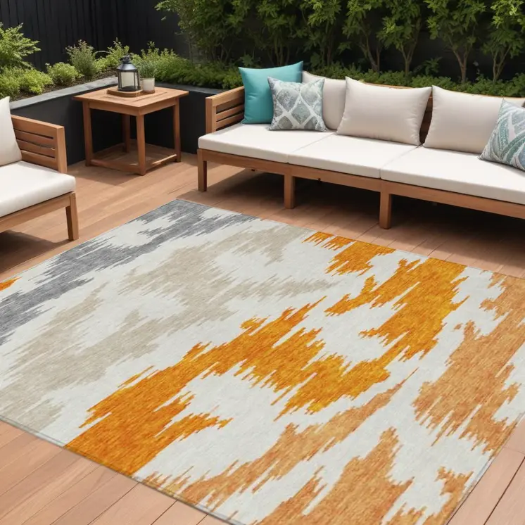 10' X 14' Orange Beige And Ivory Abstract Washable Indoor Outdoor Area Rug