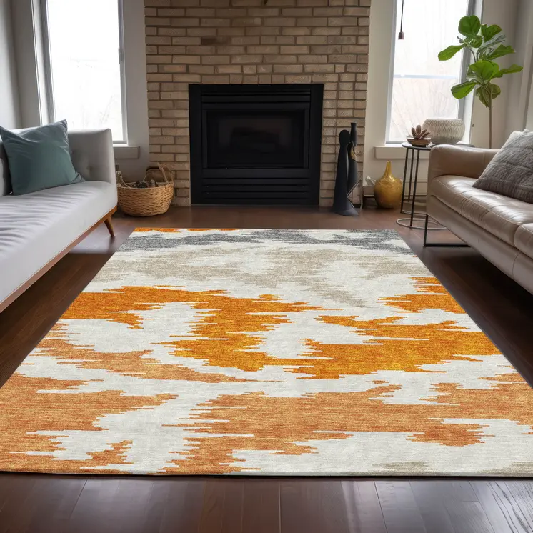 10' X 14' Orange Beige And Ivory Abstract Washable Indoor Outdoor Area Rug