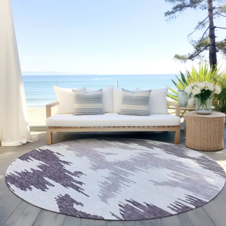 8' Purple Lavender And Ivory Round Abstract Washable Indoor Outdoor Area Rug