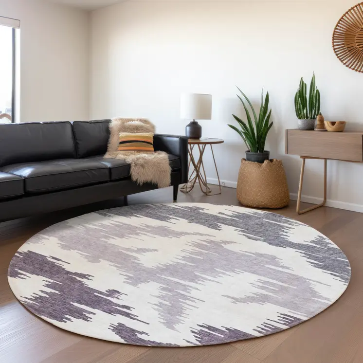 8' Purple Lavender And Ivory Round Abstract Washable Indoor Outdoor Area Rug