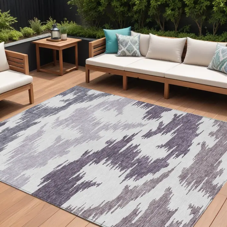 9' X 12' Purple Lavender And Ivory Abstract Washable Indoor Outdoor Area Rug