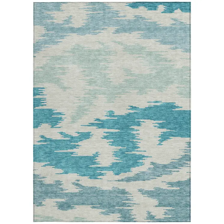 3' X 5' Teal Blue Aqua And Ivory Abstract Washable Indoor Outdoor Area Rug