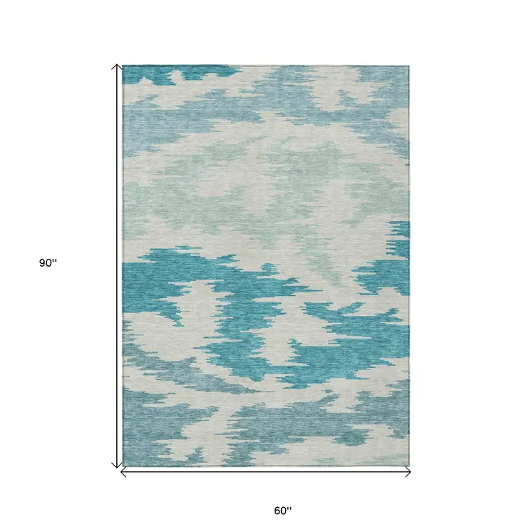 5' X 8' Teal Blue Aqua And Ivory Abstract Washable Indoor Outdoor Area Rug