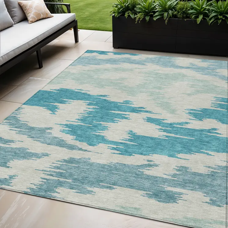 5' X 8' Teal Blue Aqua And Ivory Abstract Washable Indoor Outdoor Area Rug