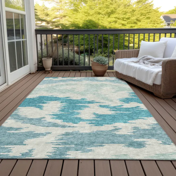 5' X 8' Teal Blue Aqua And Ivory Abstract Washable Indoor Outdoor Area Rug