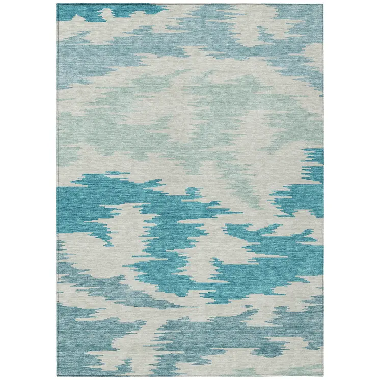 5' X 8' Teal Blue Aqua And Ivory Abstract Washable Indoor Outdoor Area Rug