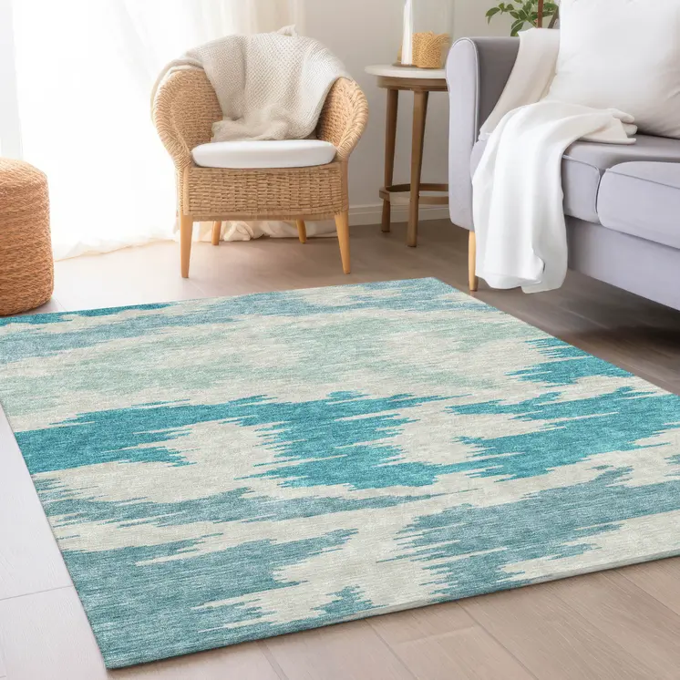 5' X 8' Teal Blue Aqua And Ivory Abstract Washable Indoor Outdoor Area Rug