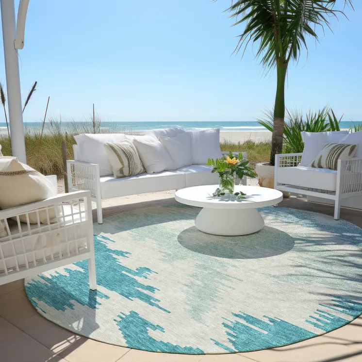 8' Teal Blue Aqua And Ivory Round Abstract Washable Indoor Outdoor Area Rug