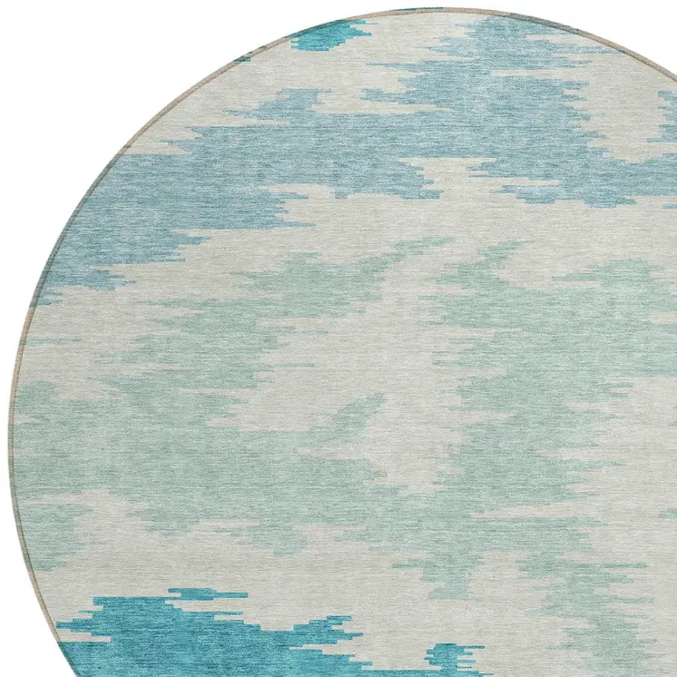 8' Teal Blue Aqua And Ivory Round Abstract Washable Indoor Outdoor Area Rug