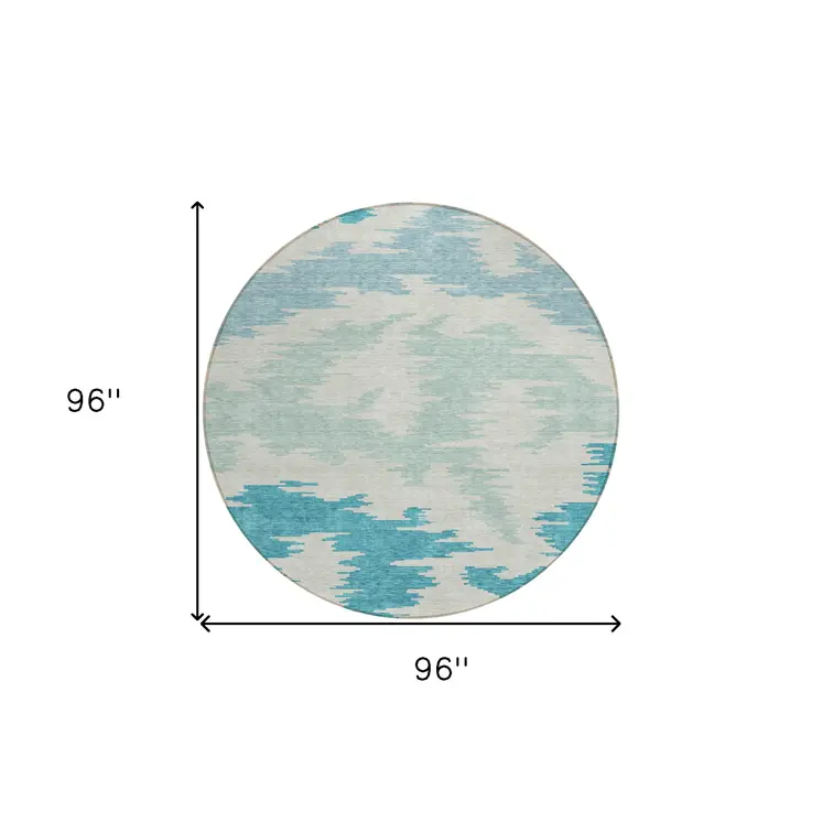8' Teal Blue Aqua And Ivory Round Abstract Washable Indoor Outdoor Area Rug