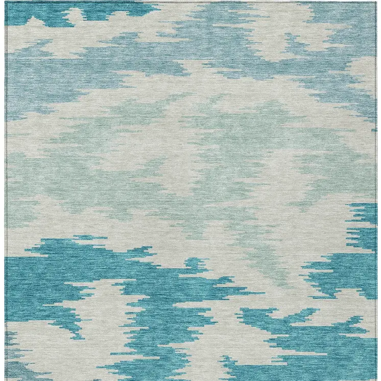 9' X 12' Teal Blue Aqua And Ivory Abstract Washable Indoor Outdoor Area Rug