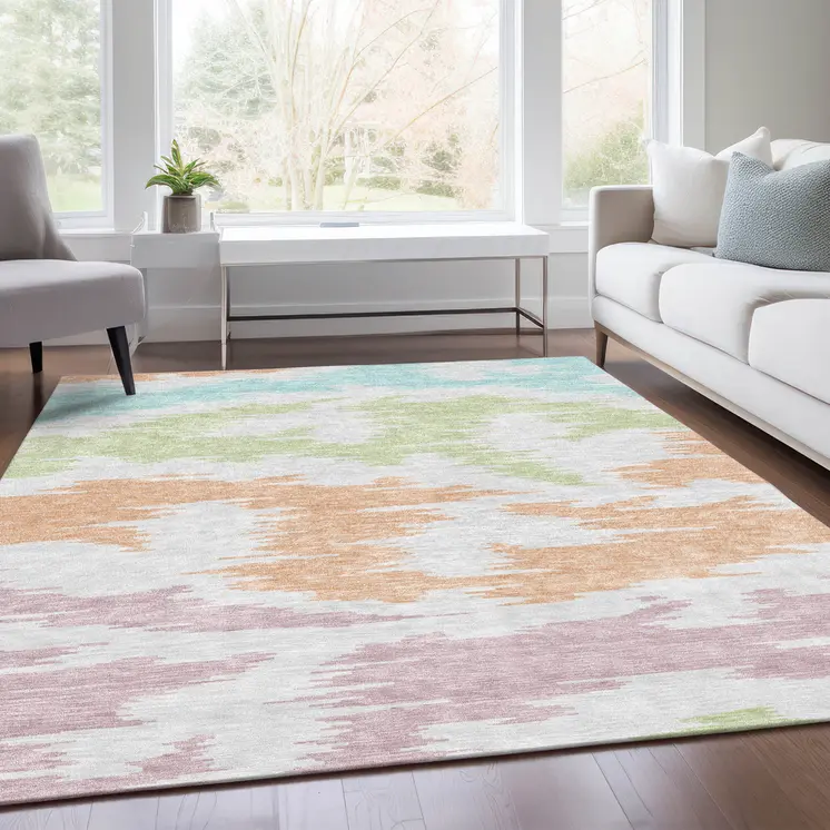 3' X 5' White Sky Blue And Artichoke Green Abstract Washable Indoor Outdoor Area Rug