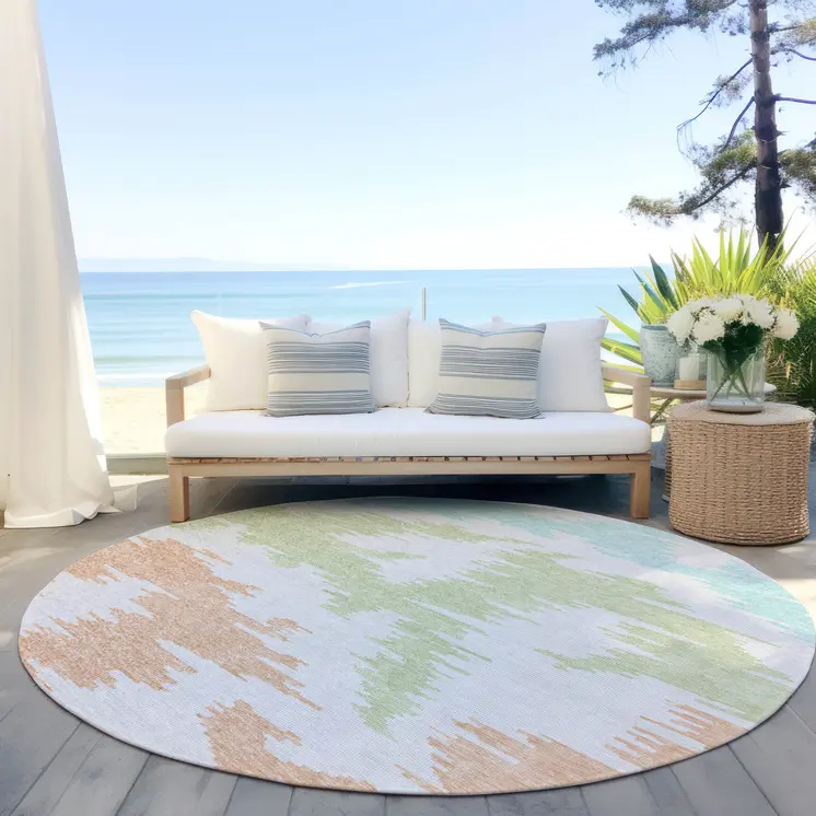 8' White Sky Blue And Artichoke Green Round Abstract Washable Indoor Outdoor Area Rug