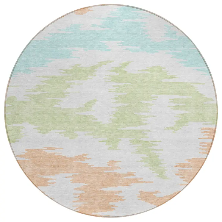 8' White Sky Blue And Artichoke Green Round Abstract Washable Indoor Outdoor Area Rug