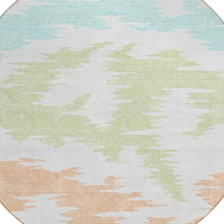 8' White Sky Blue And Artichoke Green Round Abstract Washable Indoor Outdoor Area Rug