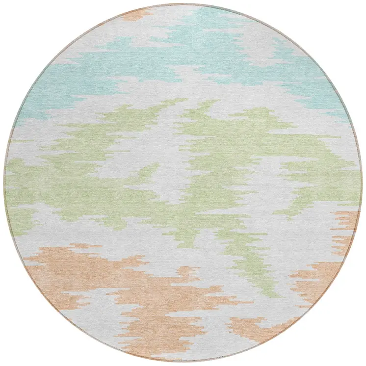 8' White Sky Blue And Artichoke Green Round Abstract Washable Indoor Outdoor Area Rug