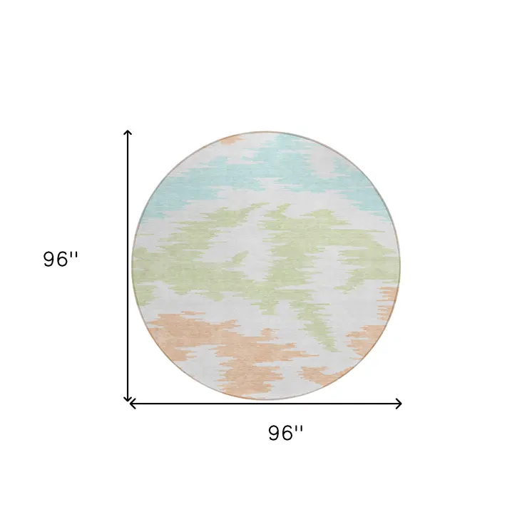 8' White Sky Blue And Artichoke Green Round Abstract Washable Indoor Outdoor Area Rug